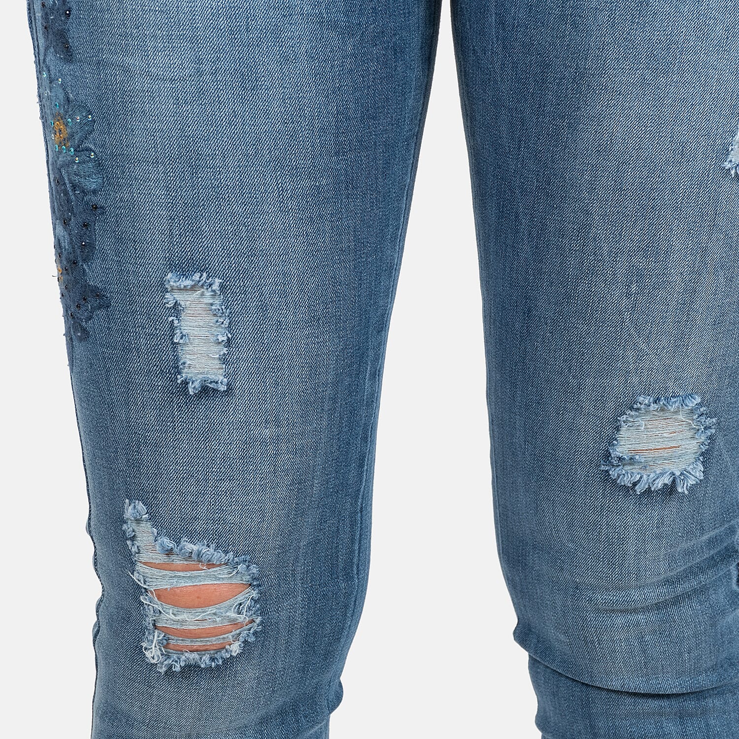 Blue Floral Embroidered Diamante Detail Skinny Jeans 