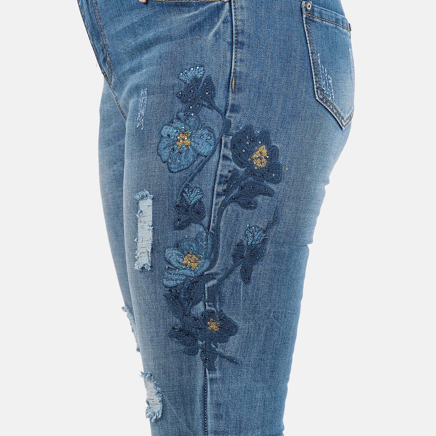 Blue Floral Embroidered Diamante Detail Skinny Jeans 