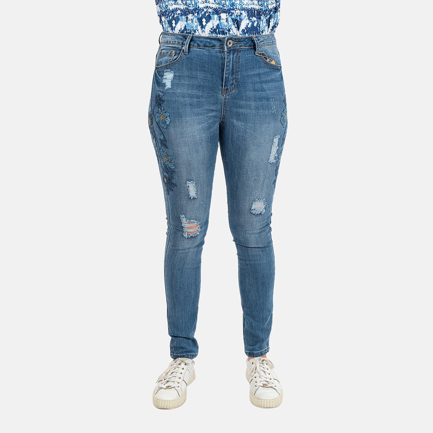 Blue Floral Embroidered Diamante Detail Jeans (Size 8 )