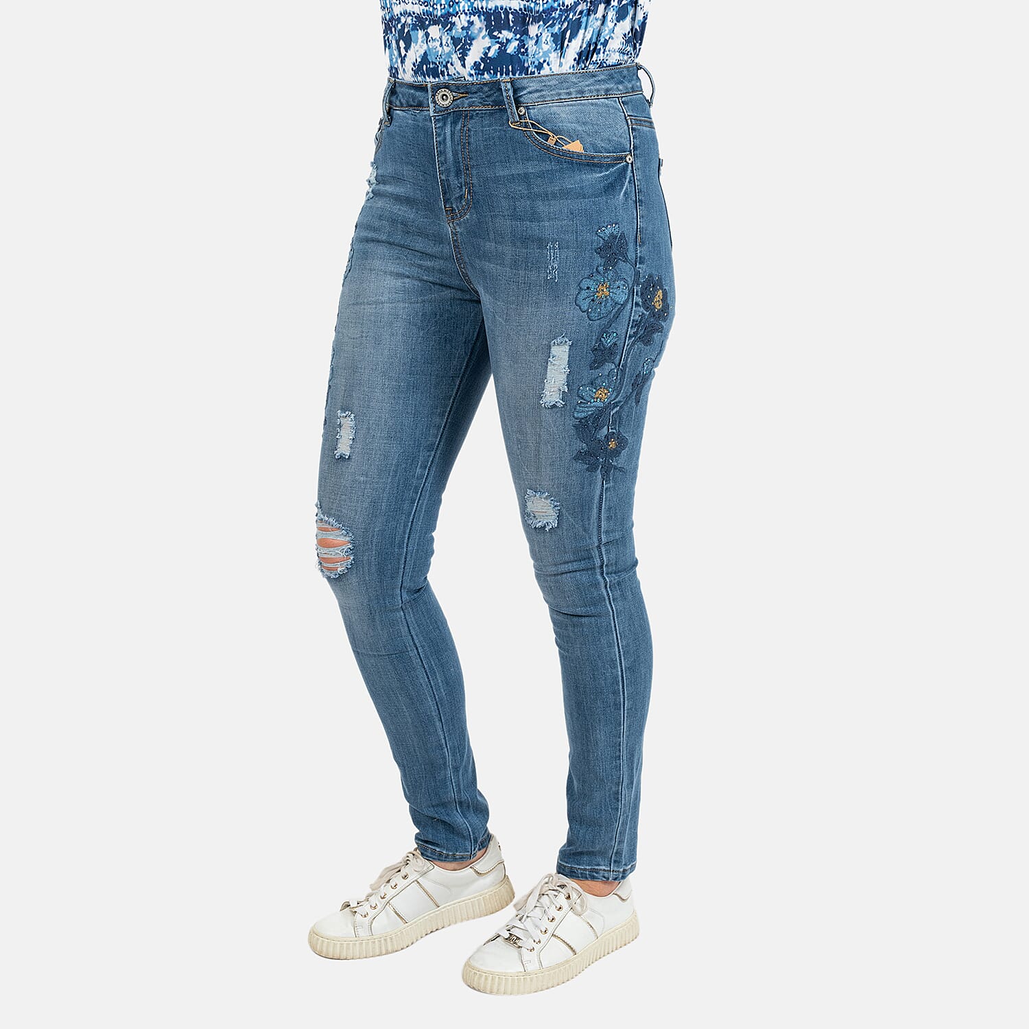 Blue Floral Embroidered Diamante Detail Jeans (Size 8 )