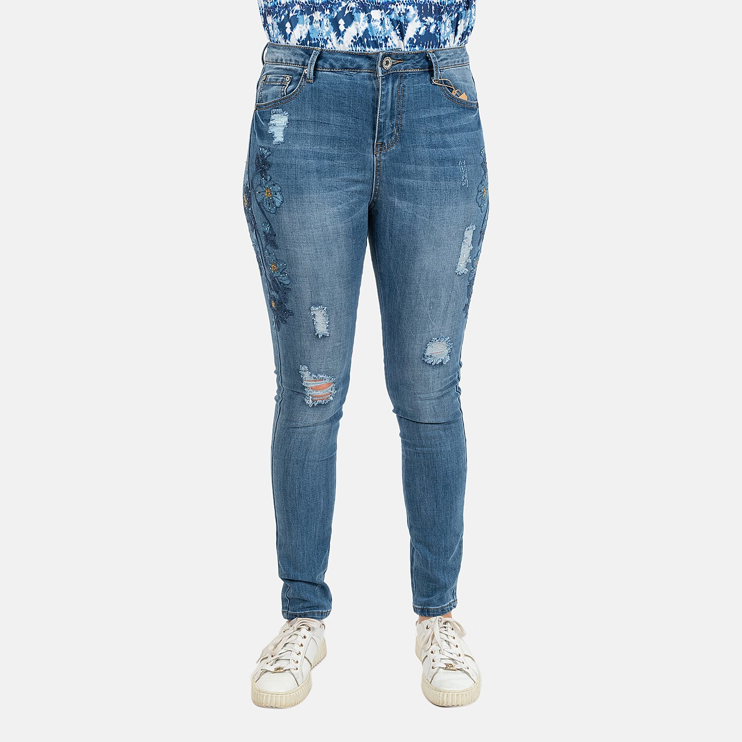 Blue Flower Embellished Diamante Stud Detail High Waist Jeans (Size 28 - 10)