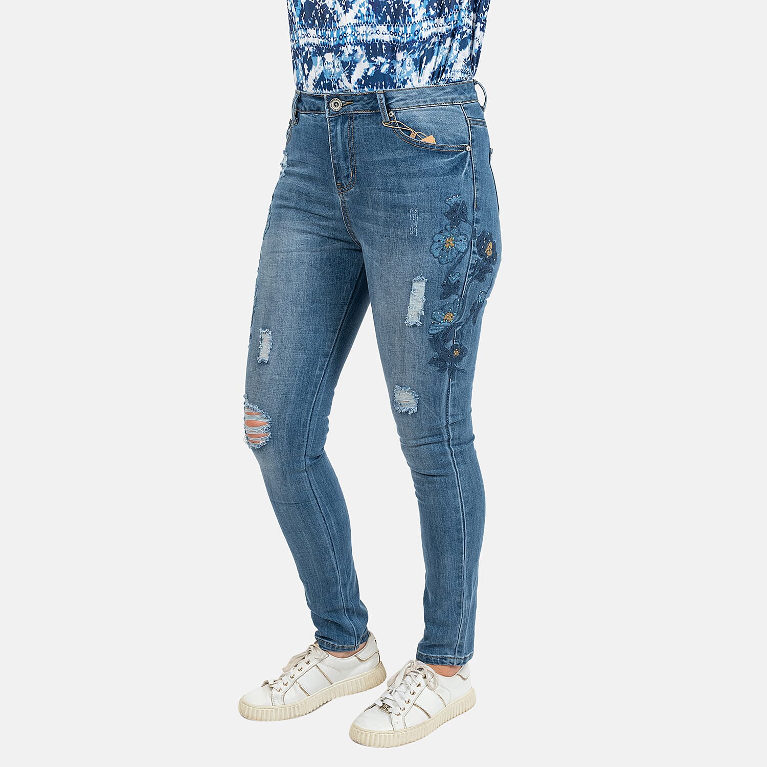 Blue Flower Embellished Diamante Stud Detail High Waist Jeans (Size 28 - 10)