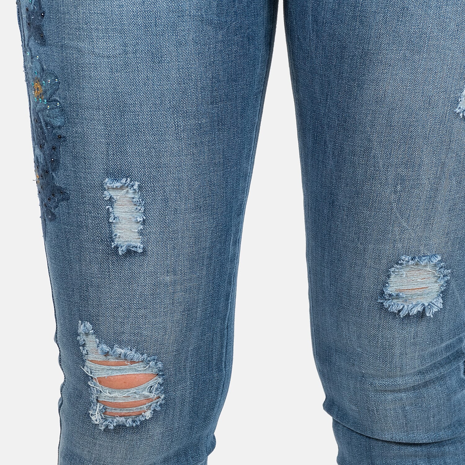 Blue Flower Embellished Diamante Stud Detail High Waist Jeans (Size 28 - 10)