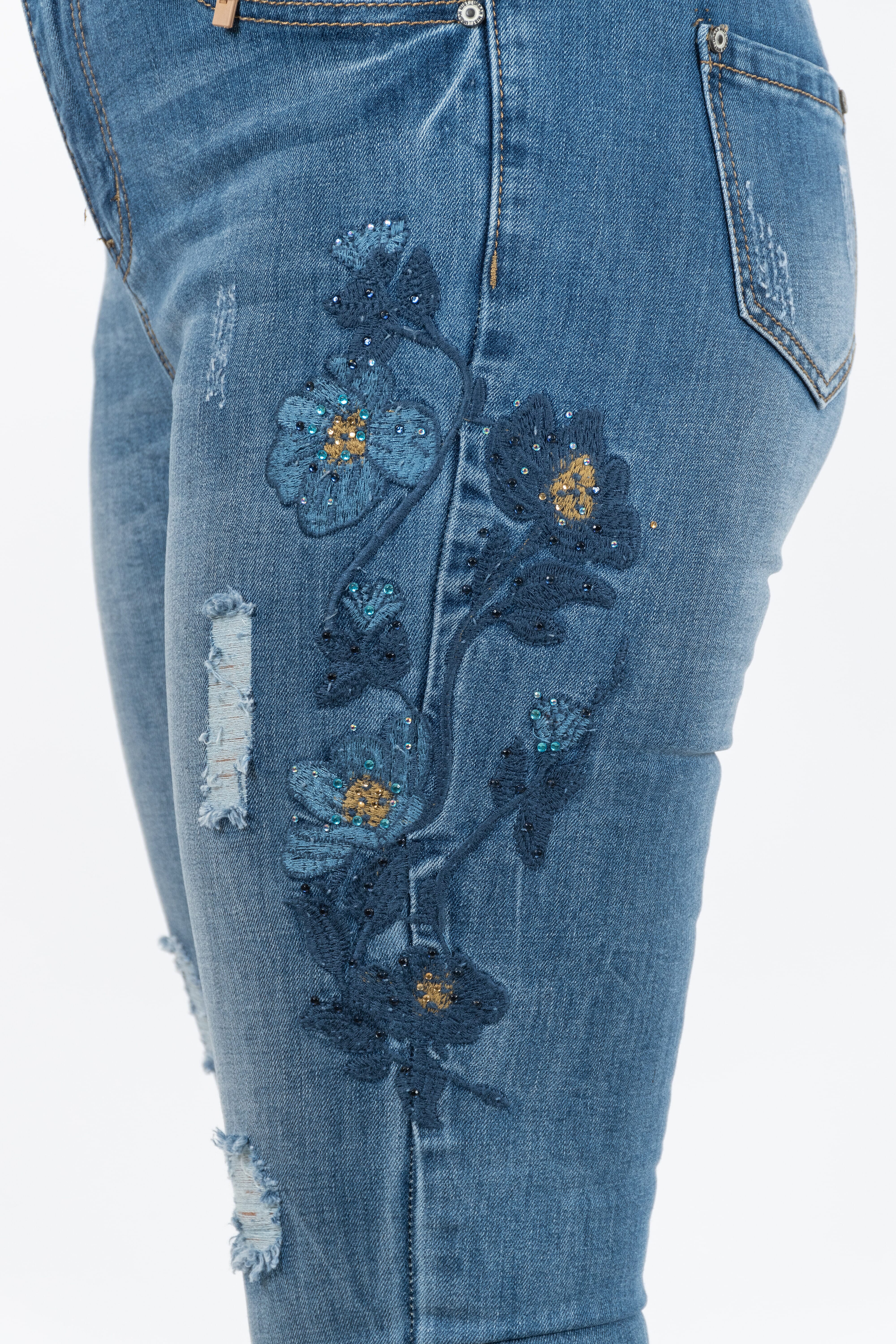 Blue Flower Embellished Diamante Stud Detail High Waist Jeans (Size 28 - 10)