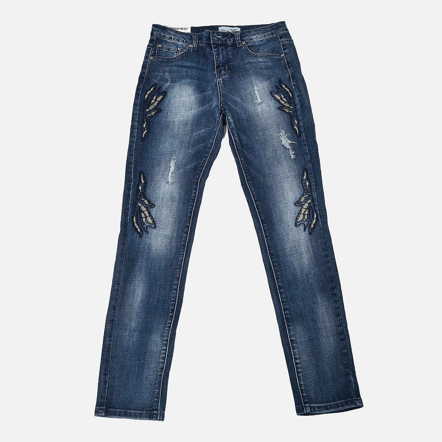 Mid Rinse Blue Floral Diamante Embellished High Waist Jeans (Size 10)