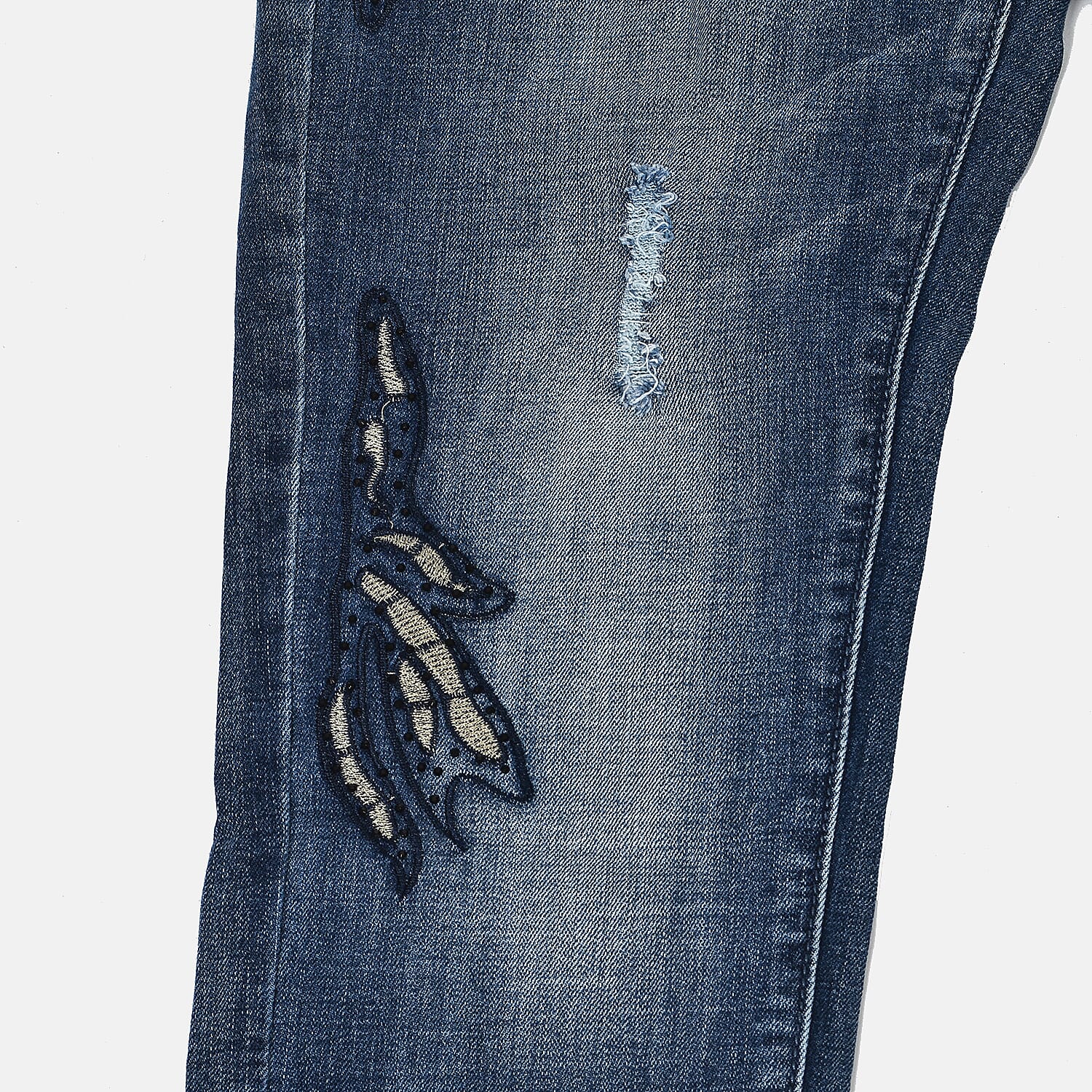 Mid Rinse Blue Floral Diamante Embellished High Waist Jeans (Size 10)