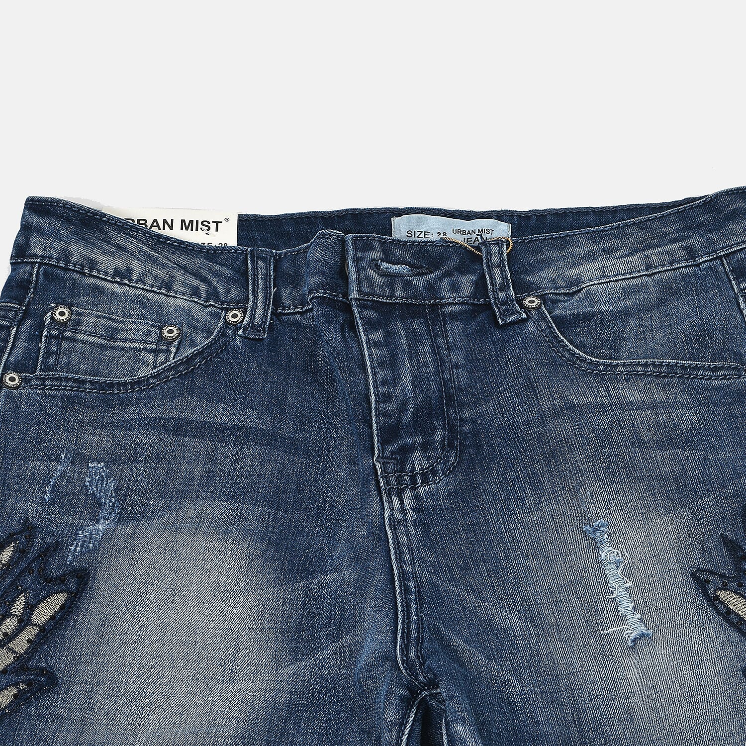 Mid Rinse Blue Floral Diamante Embellished High Waist Jeans (Size 10)