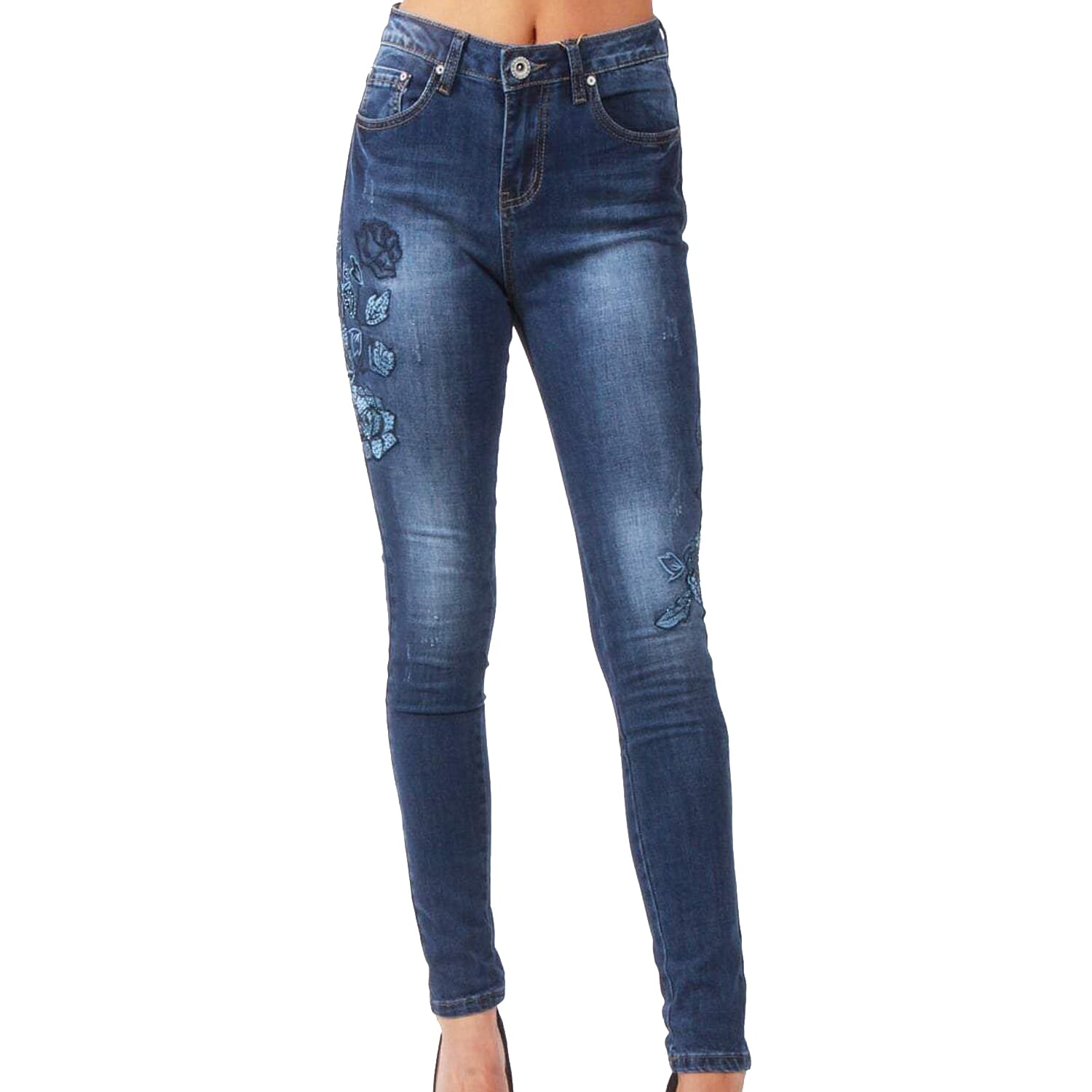 Indigo Blue Flower Applique Denim Blue High Waist Slim Fit Jeans (Size 28 - 10)