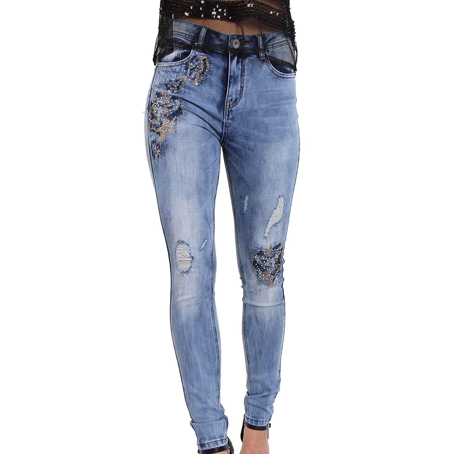 Floral Embroidered Skinny Fit High Waist Light Blue Jeans