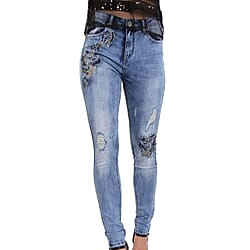 Floral Embroidered Skinny Fit High Waist Light Blue Jeans 