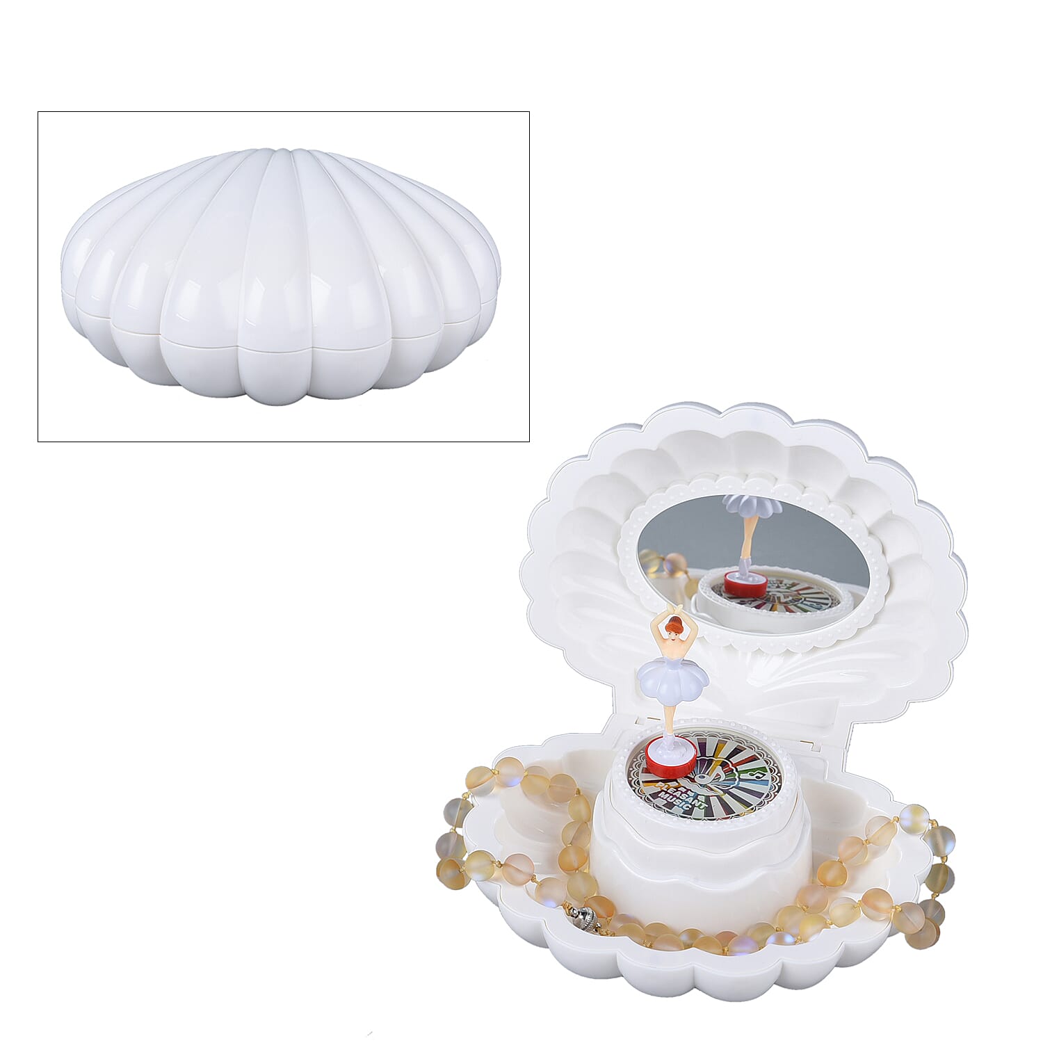 Seashell Music Mirror Jewellery Box with LED Light (Size 15x13x7 Cm) - White