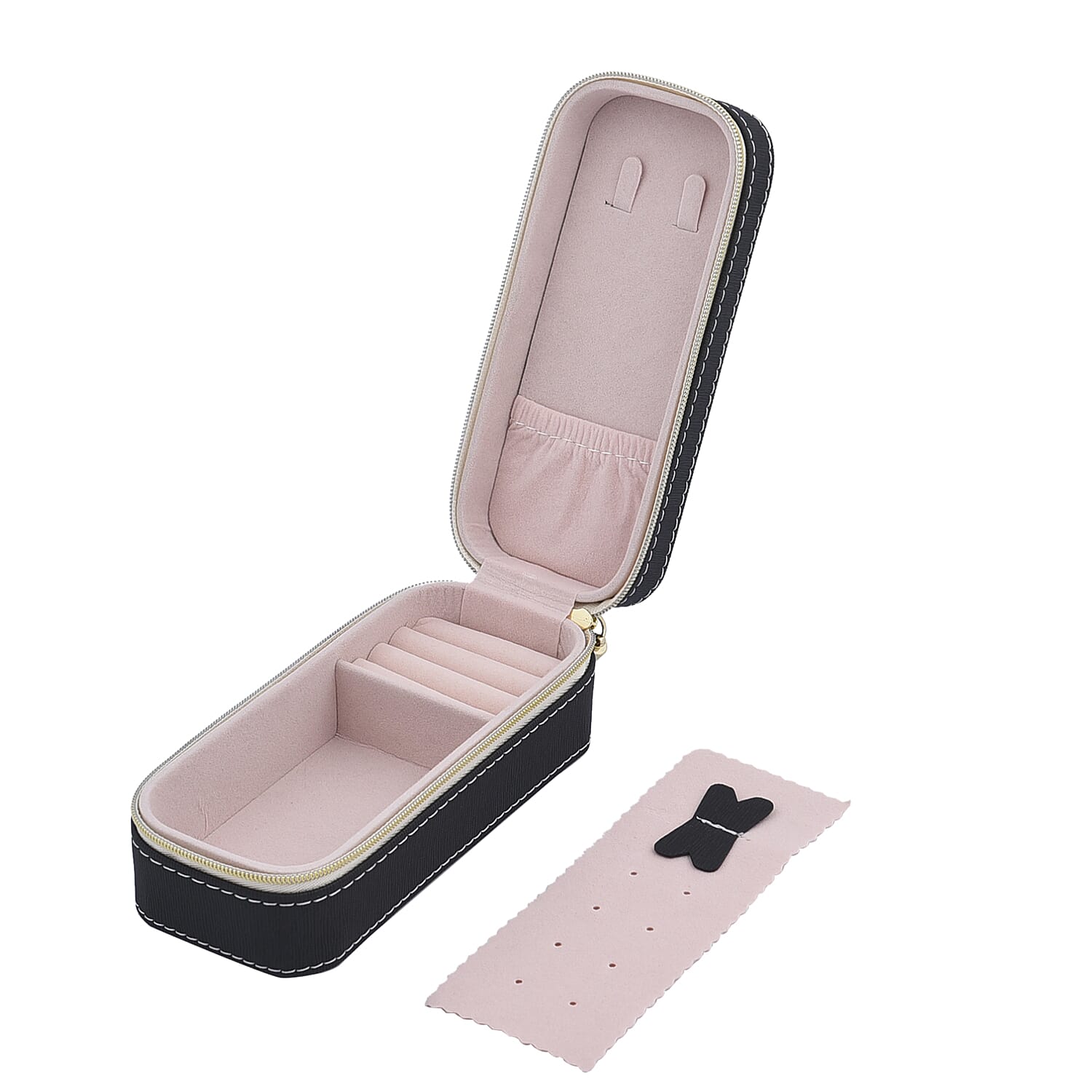 Portable Mini Travel Jewellery Box with Anti Tarnish Lining and Zipper Closure - Black