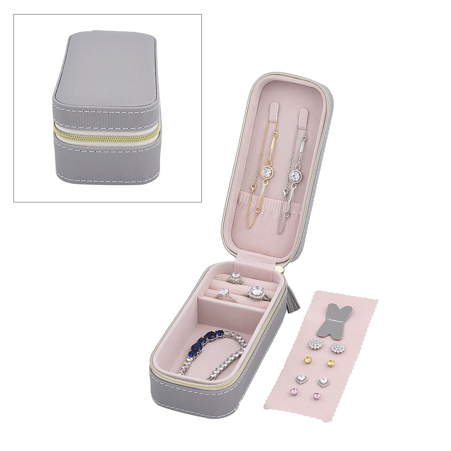 Portable Mini Travel Jewellery Box with Anti Tarnish Lining and Zipper Closure (Size 15x7x5 Cm) - Grey