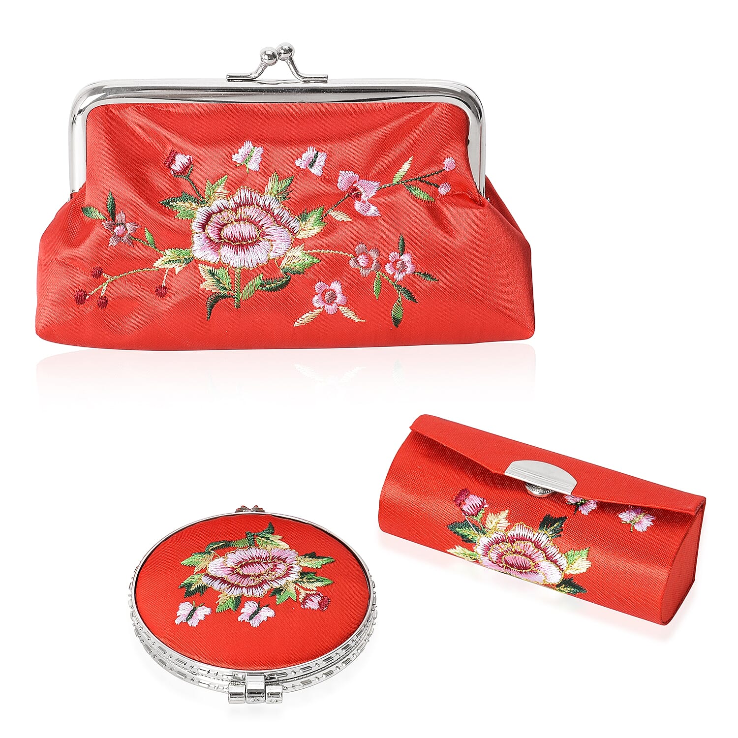 3 Piece Set - Floral Embroidery Pattern Cosmetic Organiser (Includes Compact Mirror, Lipstick Case and Coin Purse) - Red