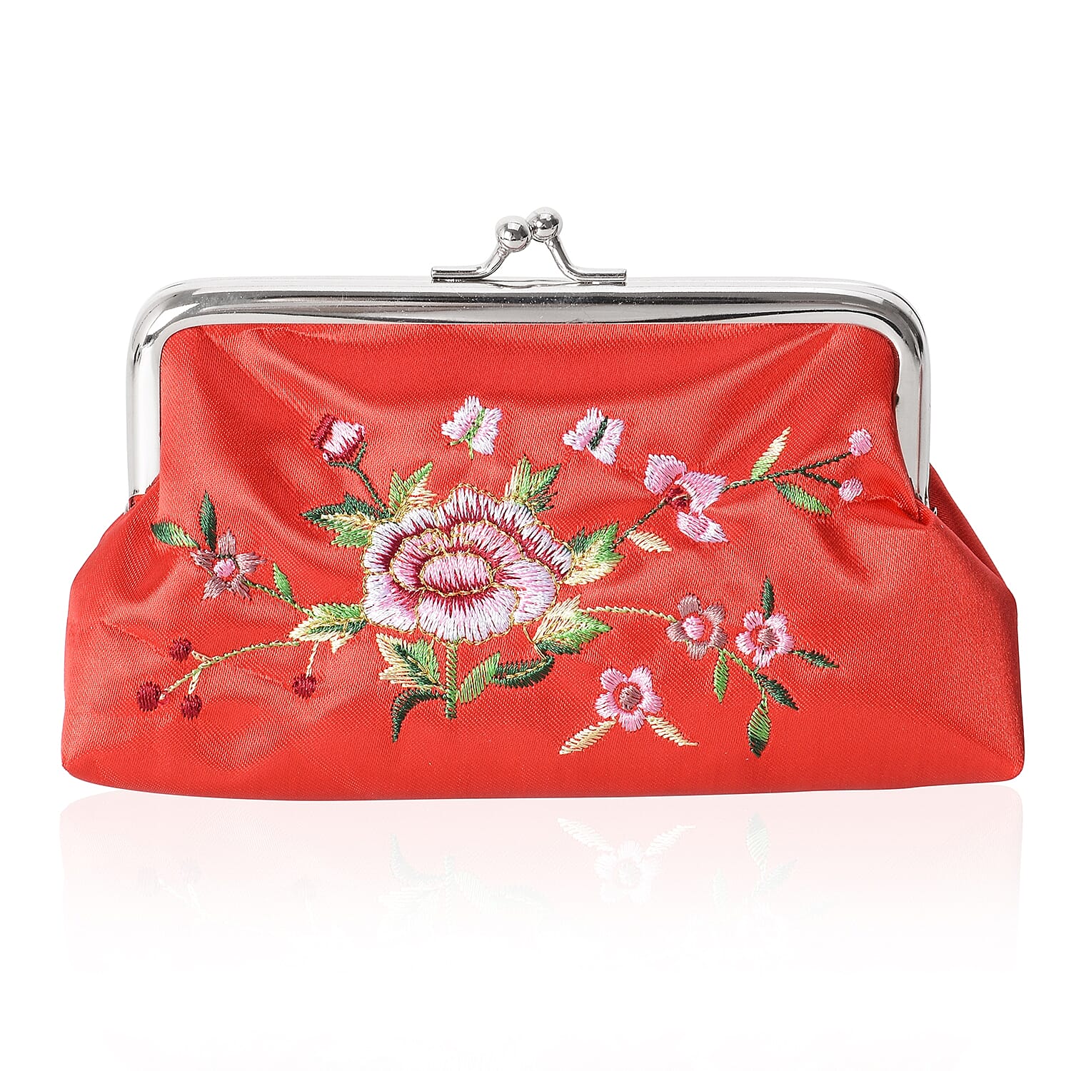 3 Piece Set - Floral Embroidery Pattern Cosmetic Organiser (Includes Compact Mirror, Lipstick Case and Coin Purse) - Red