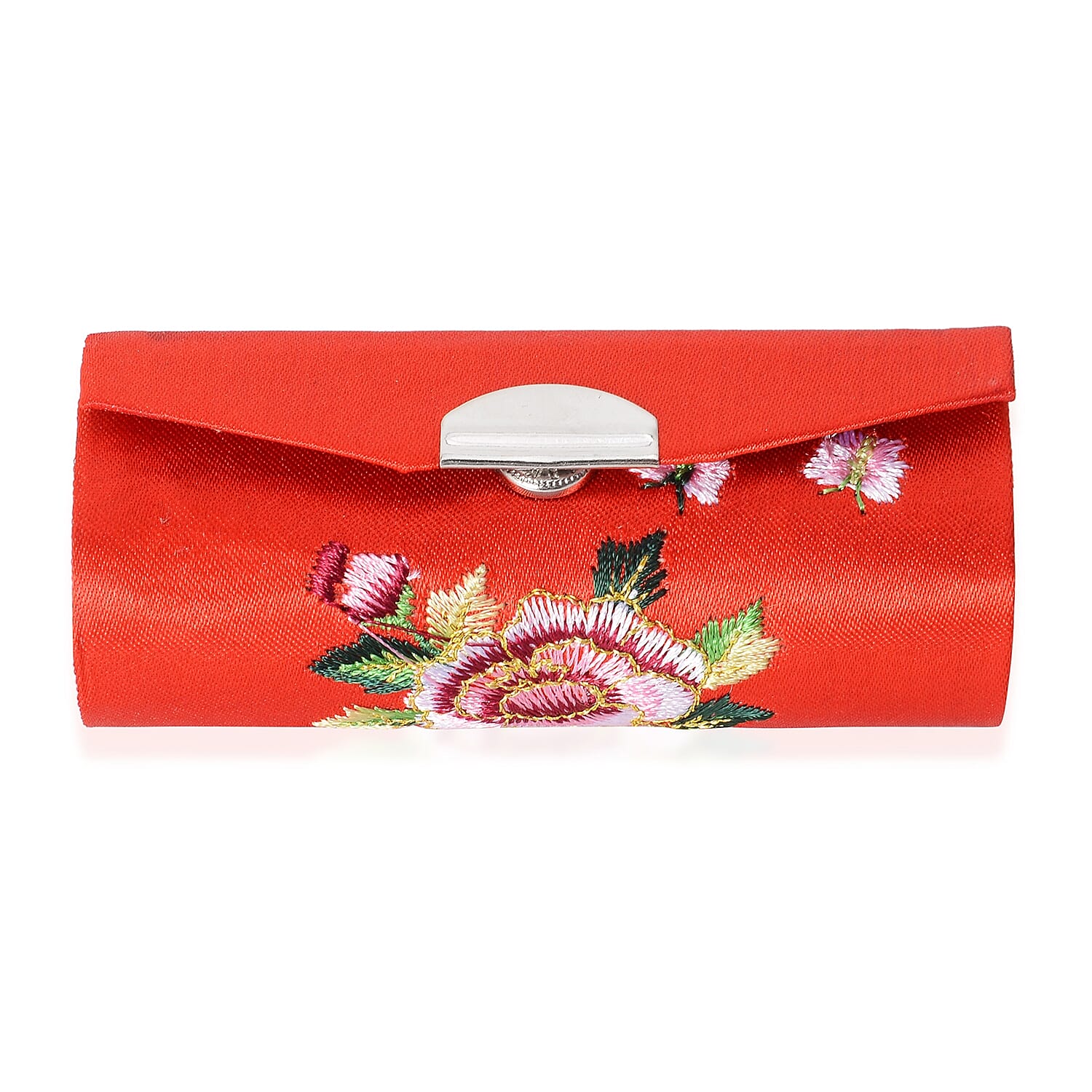 3 Piece Set - Floral Embroidery Pattern Cosmetic Organiser (Includes Compact Mirror, Lipstick Case and Coin Purse) - Red