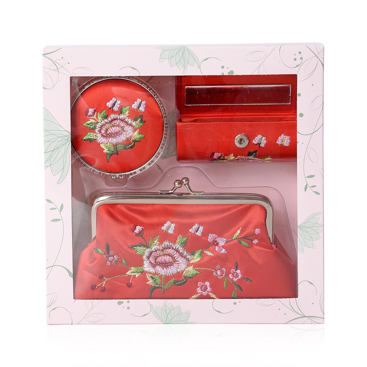 3 Piece Set - Floral Embroidery Pattern Cosmetic Organiser (Includes Compact Mirror, Lipstick Case and Coin Purse) - Red