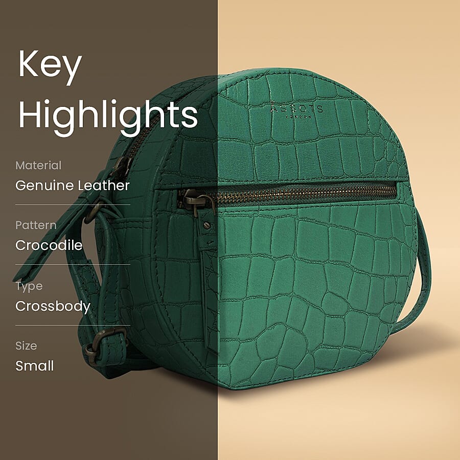ASSOTS LONDON JANE Genuine Leather Round Croc Crossbody Bag (Size 18x10x6cm) - Green