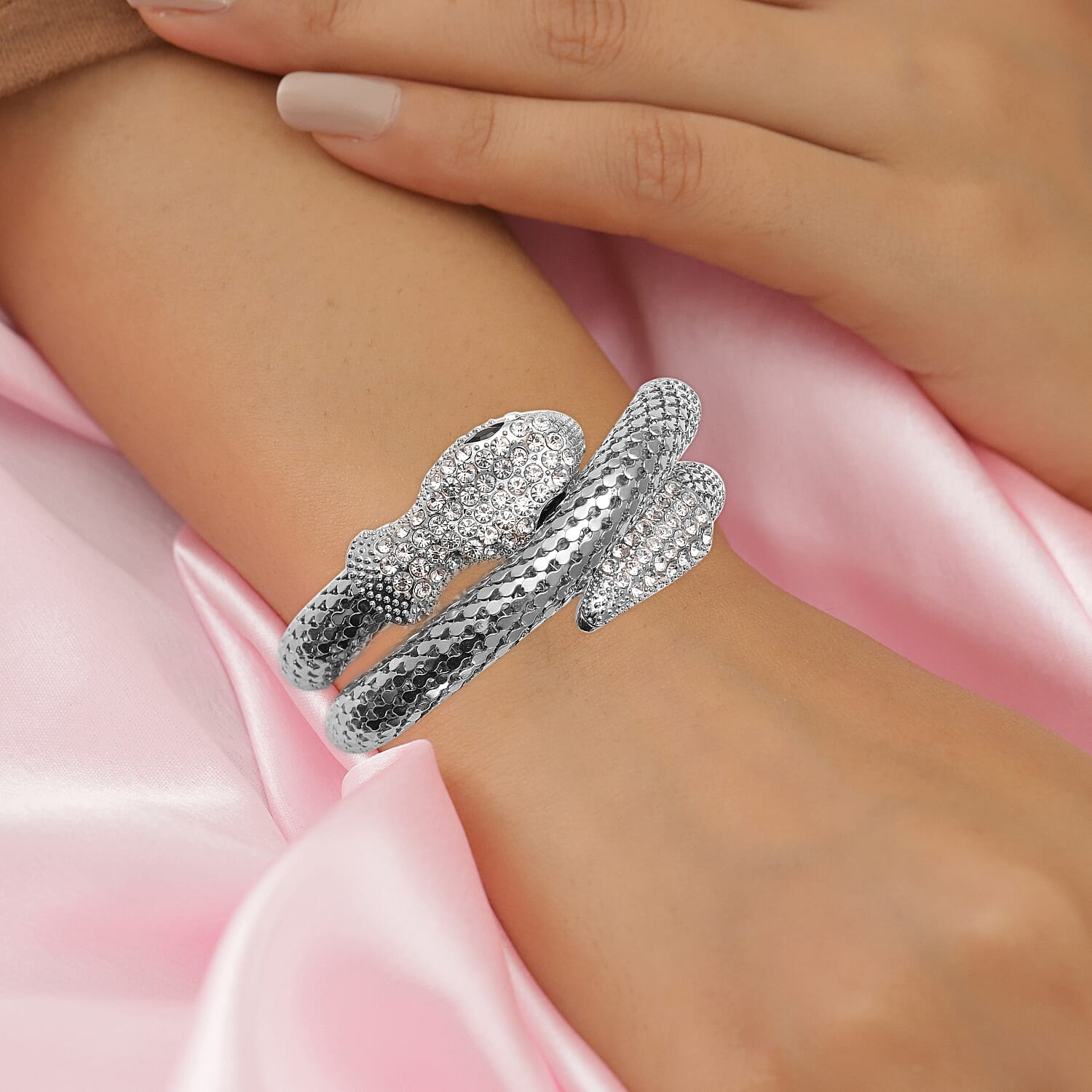 Designer Inspired Austrian Crystal Snake Bracelet (Size 7) in Silver Tone