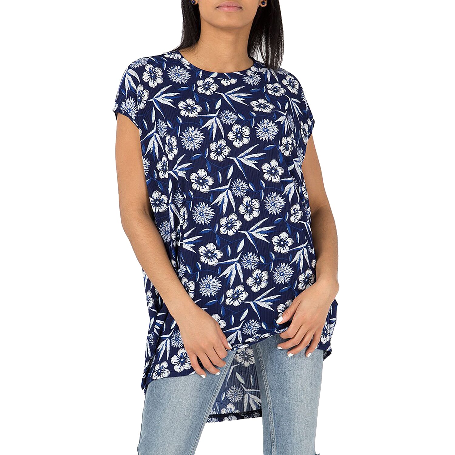 Nova of London Floral Pattern Oversized Side Pocket Tunic Top in Navy and White (Size S/M; 10-14)