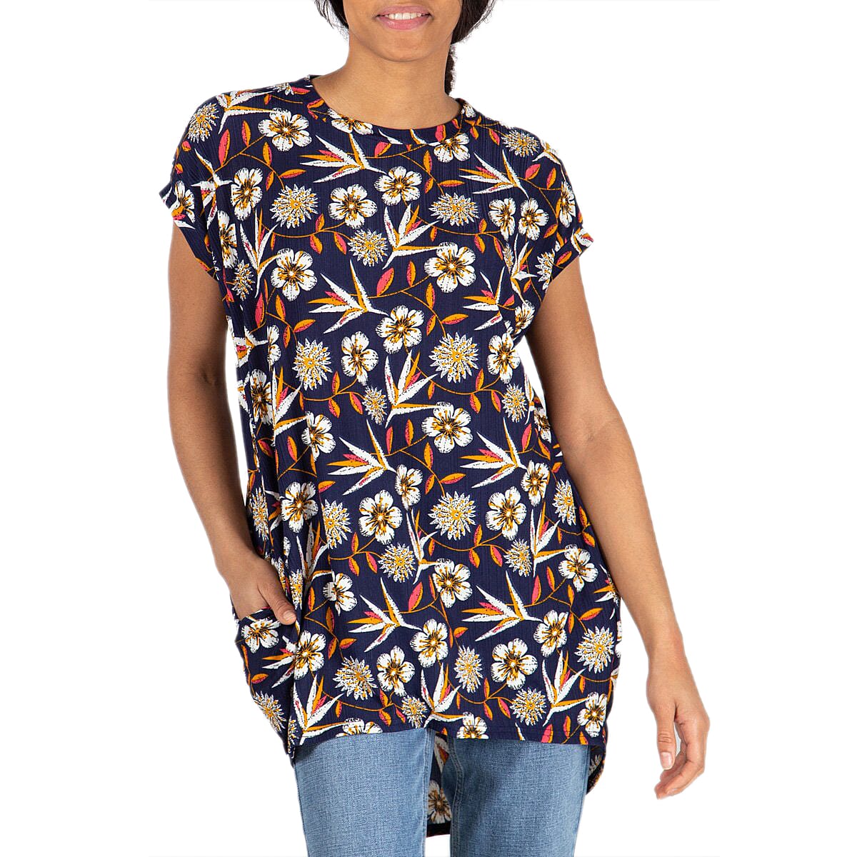 Nova of London Floral Pattern Oversized Side Pocket Tunic Top in Navy and White (Size S/M; 10-14)
