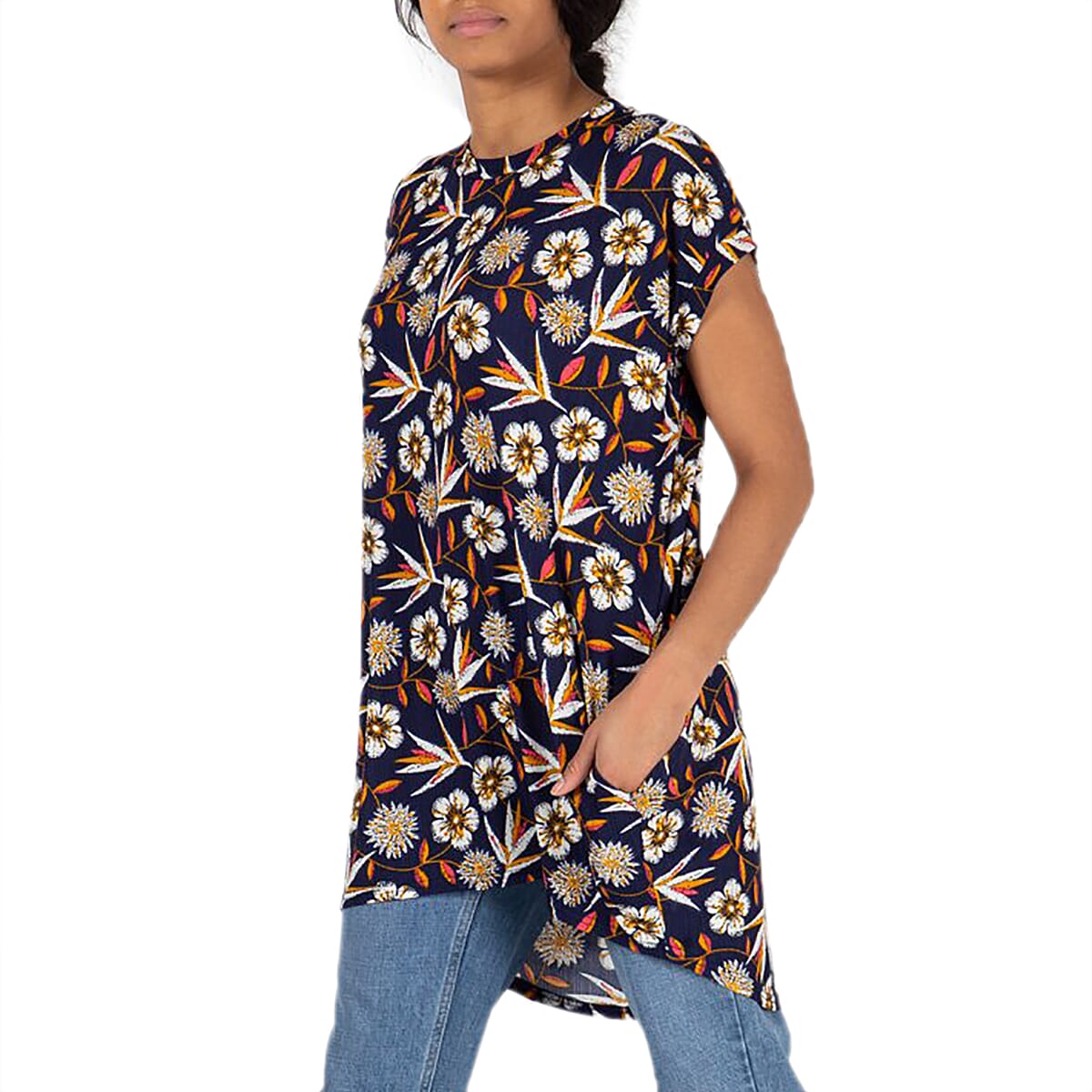 Nova of London Floral Pattern Oversized Side Pocket Tunic Top in Navy and White (Size S/M; 10-14)