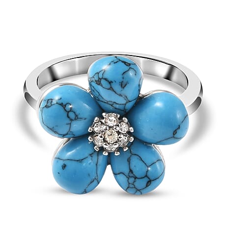 Blue Howlite and White Austrian Crystal Floral Ring in Stainless Steel