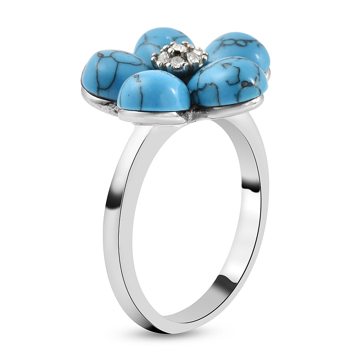 Blue Howlite and White Austrian Crystal Floral Ring in Stainless Steel