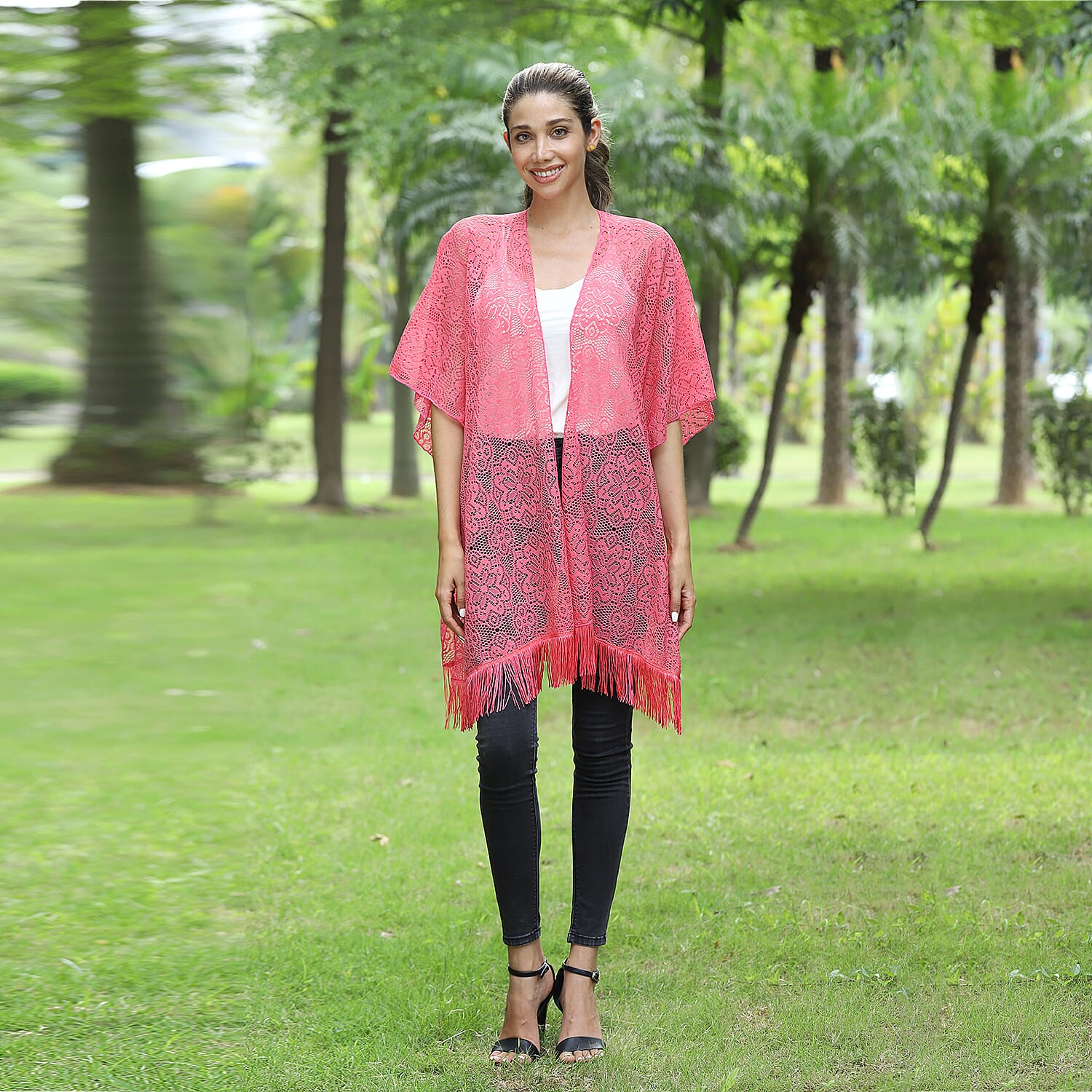 JOVIE Lace Kimono with Tassel (Size-90x75 cm) - Pink