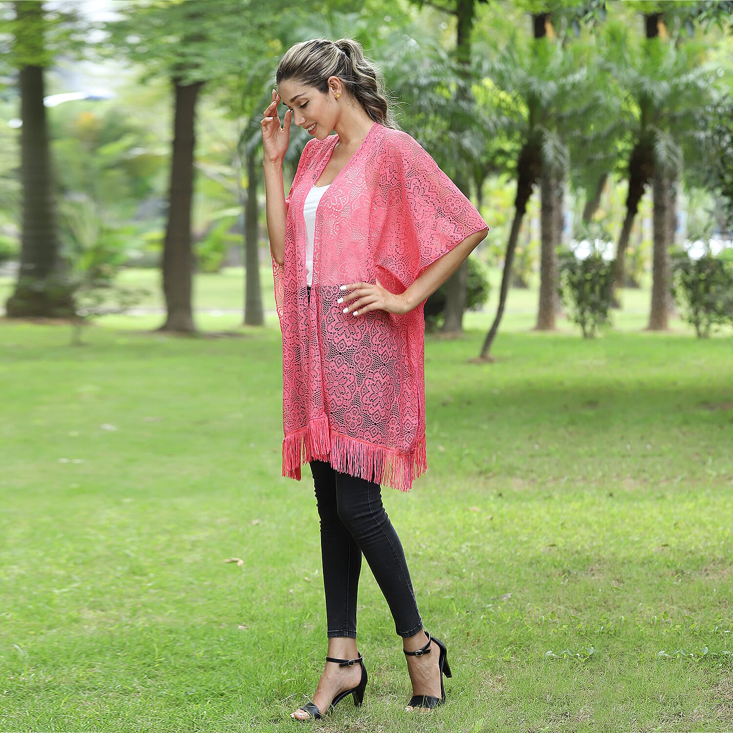 JOVIE Lace Kimono with Tassel (Size-90x75 cm) - Pink