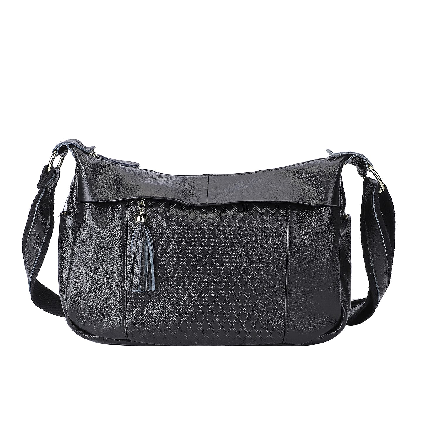 Genuine Leather Diamond Pattern Crossbody Bag with Shoulder Strap - Black
