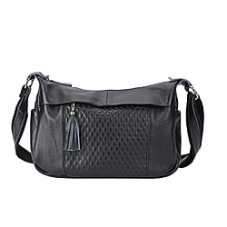 Genuine Leather Diamond Pattern Crossbody Bag with Shoulder Strap - Black