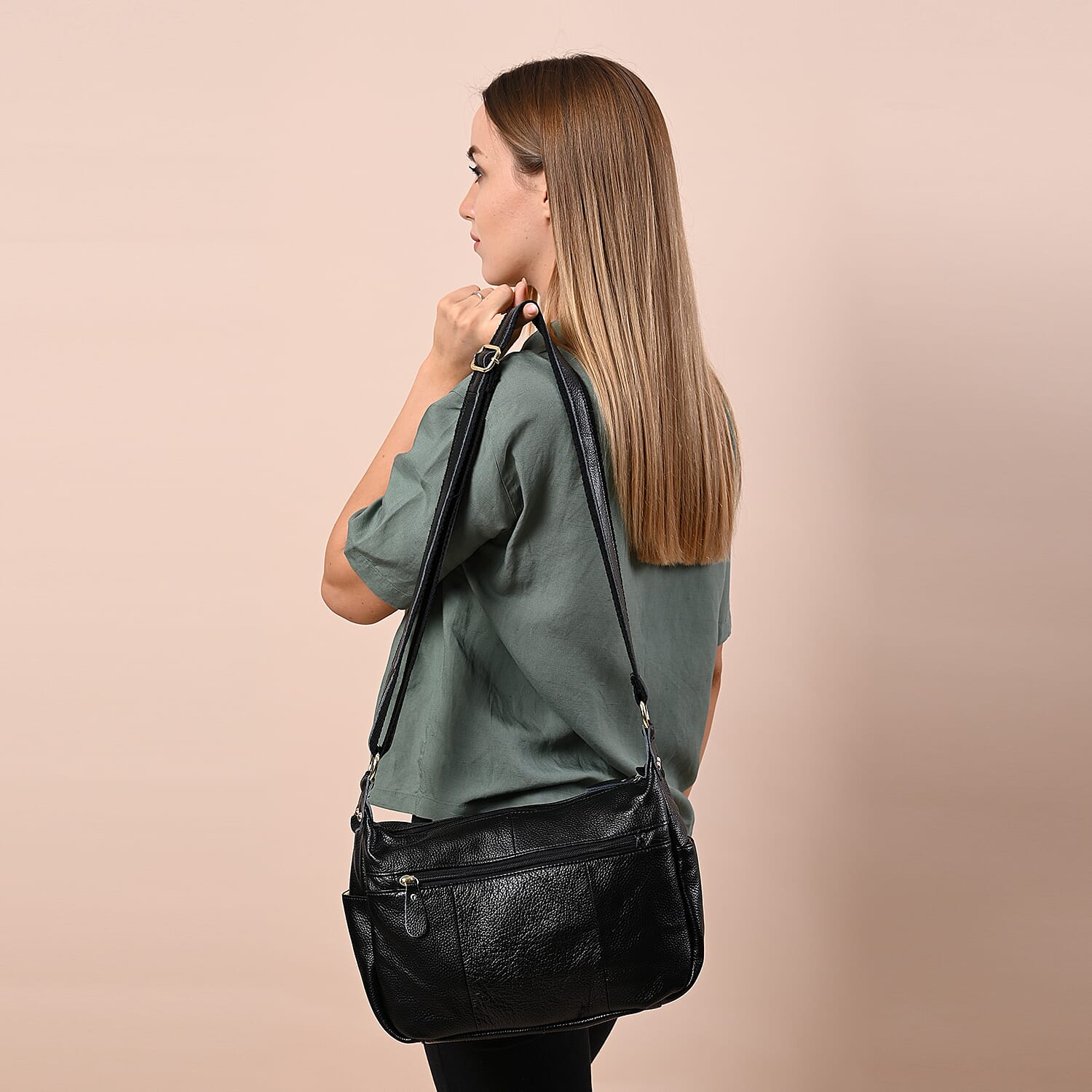 Genuine Leather Diamond Pattern Crossbody Bag with Shoulder Strap - Black