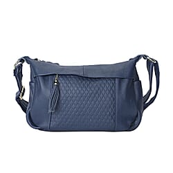 Genuine Leather Diamond Pattern Crossbody Bag with Shoulder Strap - Navy