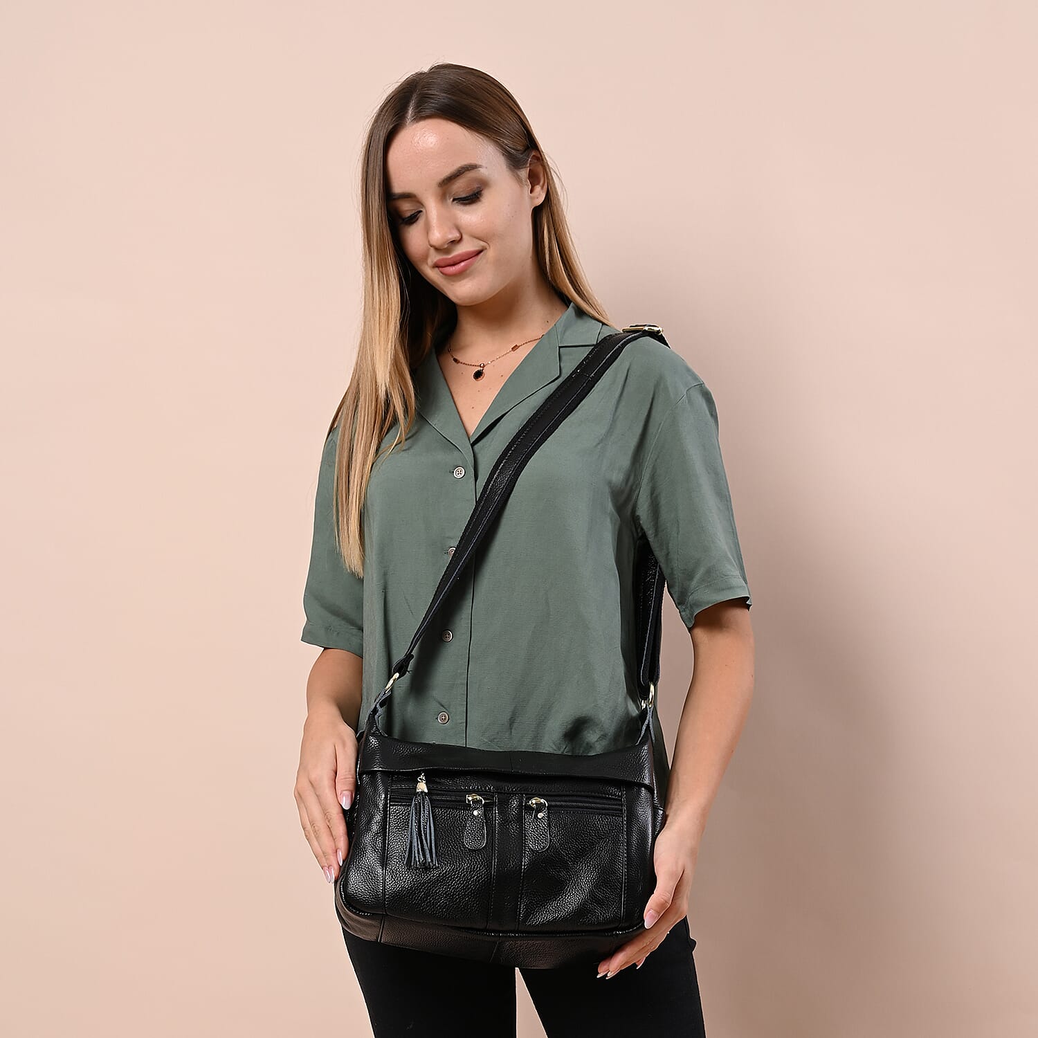 Genuine Leather Crossbody Bag with Tassels and Shoulder Strap - Black
