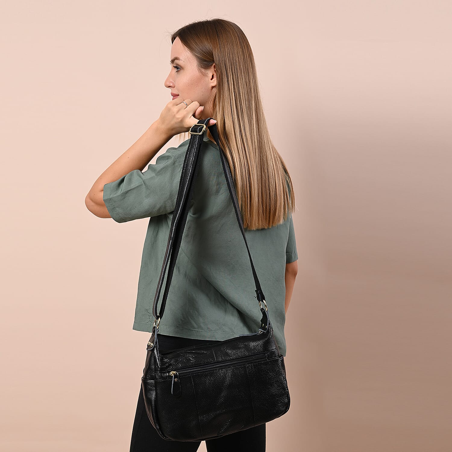  Genuine Leather Crossbody Bag with Tassels and Shoulder Strap - Black