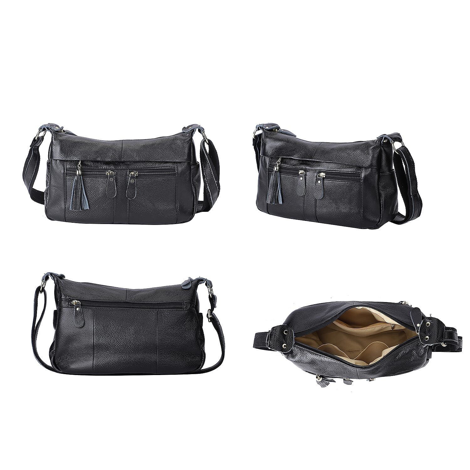  Genuine Leather Crossbody Bag with Tassels and Shoulder Strap - Black