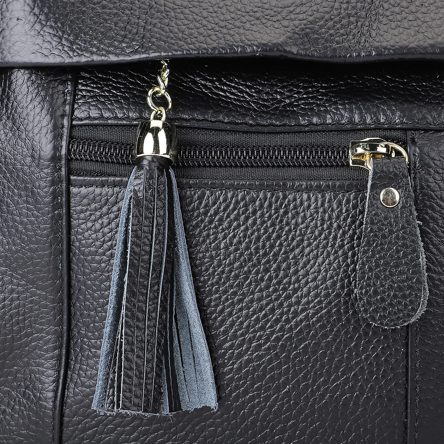  Genuine Leather Crossbody Bag with Tassels and Shoulder Strap - Black
