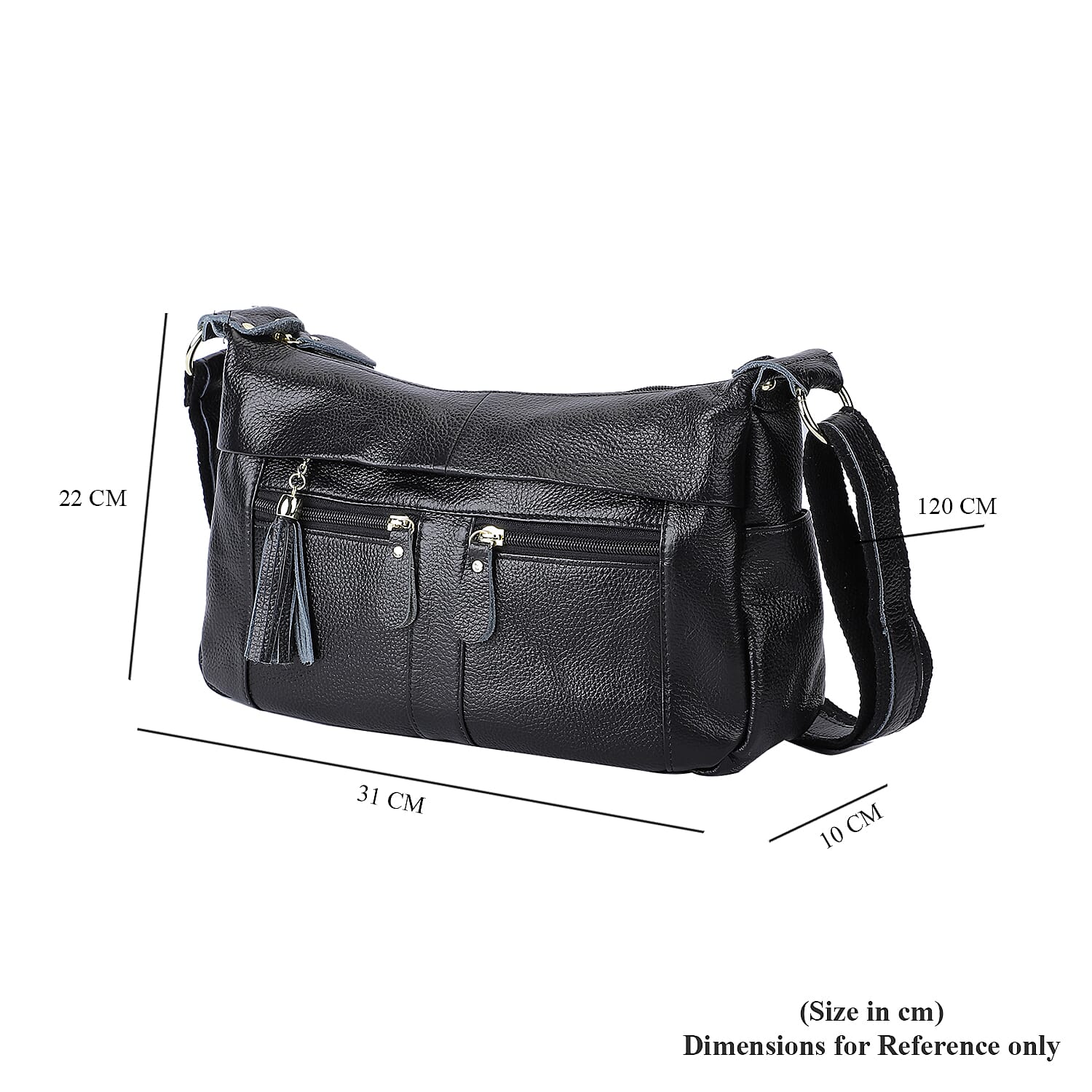  Genuine Leather Crossbody Bag with Tassels and Shoulder Strap - Black