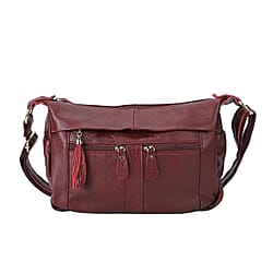  Genuine Leather Crossbody Bag with Tassels and Shoulder Strap - Red