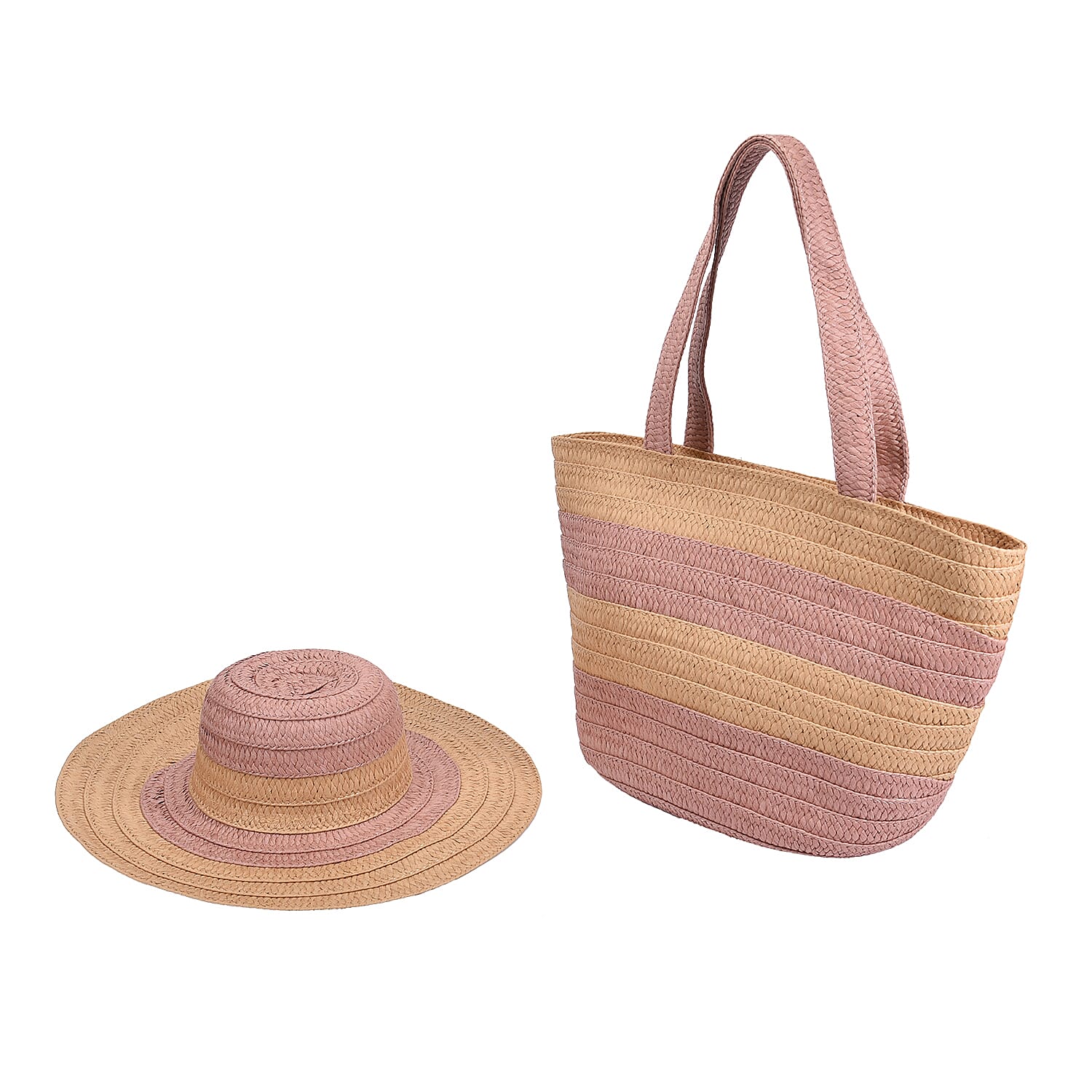 2 Piece Set - Handbag with Matching Hat Stripe Pattern Tote Bag and Zipper Closure - Pink & Khaki