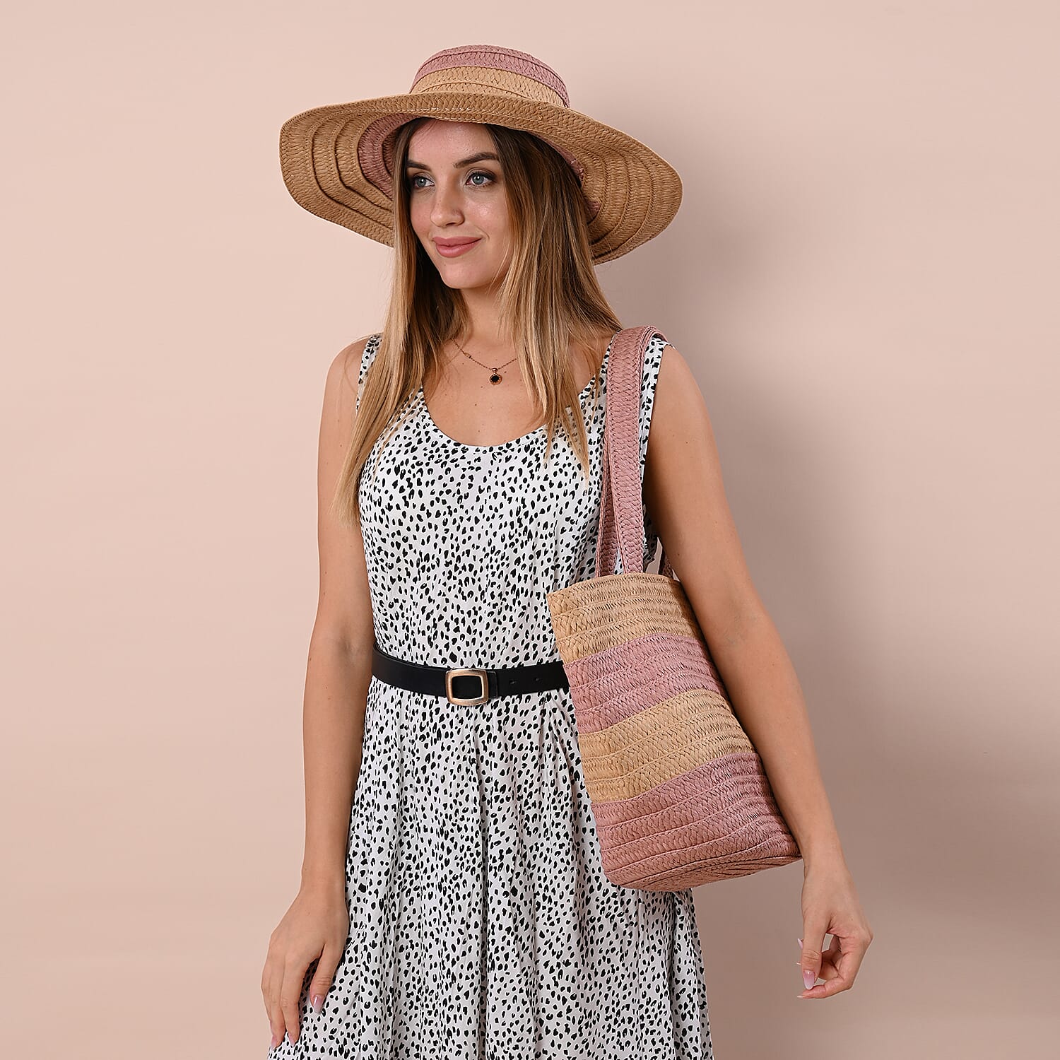 2 Piece Set - Handbag with Matching Hat Stripe Pattern Tote Bag and Zipper Closure - Pink & Khaki