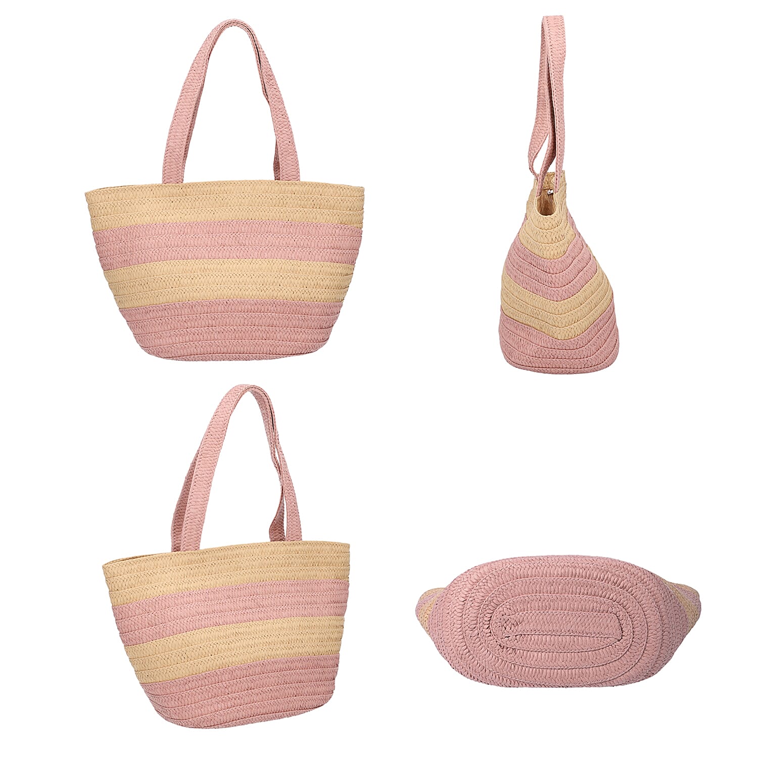 2 Piece Set - Handbag with Matching Hat Stripe Pattern Tote Bag and Zipper Closure - Pink & Khaki