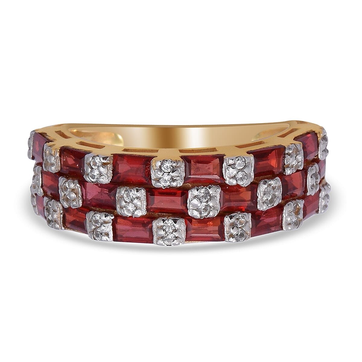Red Sapphire & Natural Zircon Triple Row Ring in TwoTone Overlay Sterling Silver 2.64 Ct.