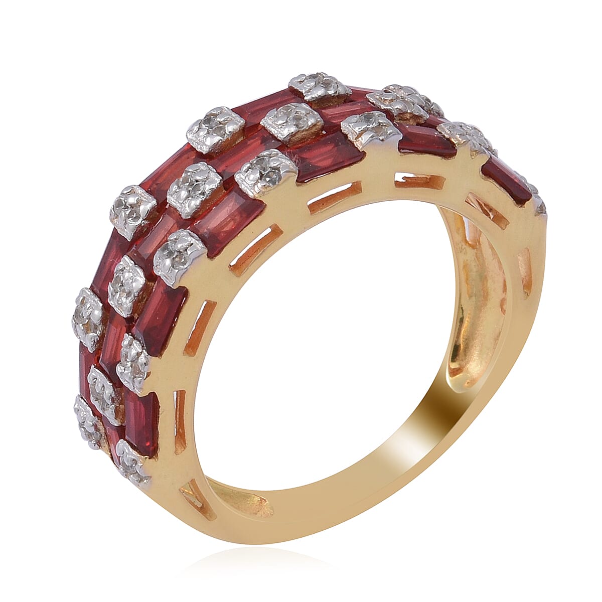 Red Sapphire & Natural Zircon Triple Row Ring in TwoTone Overlay Sterling Silver 2.64 Ct.