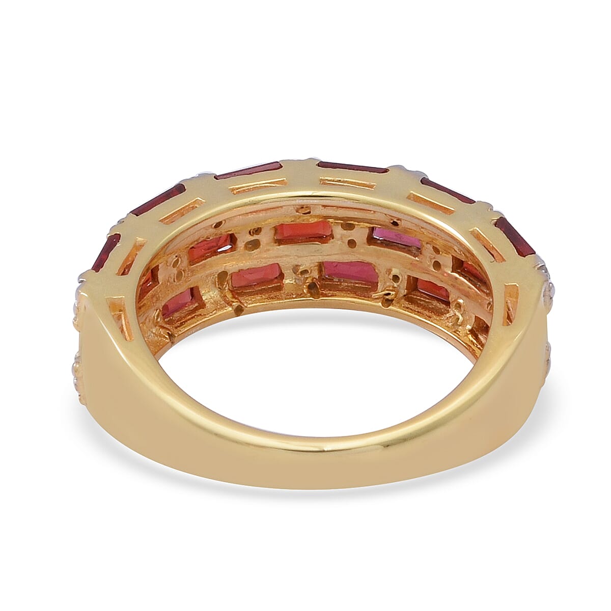 Red Sapphire & Natural Zircon Triple Row Ring in TwoTone Overlay Sterling Silver 2.64 Ct.