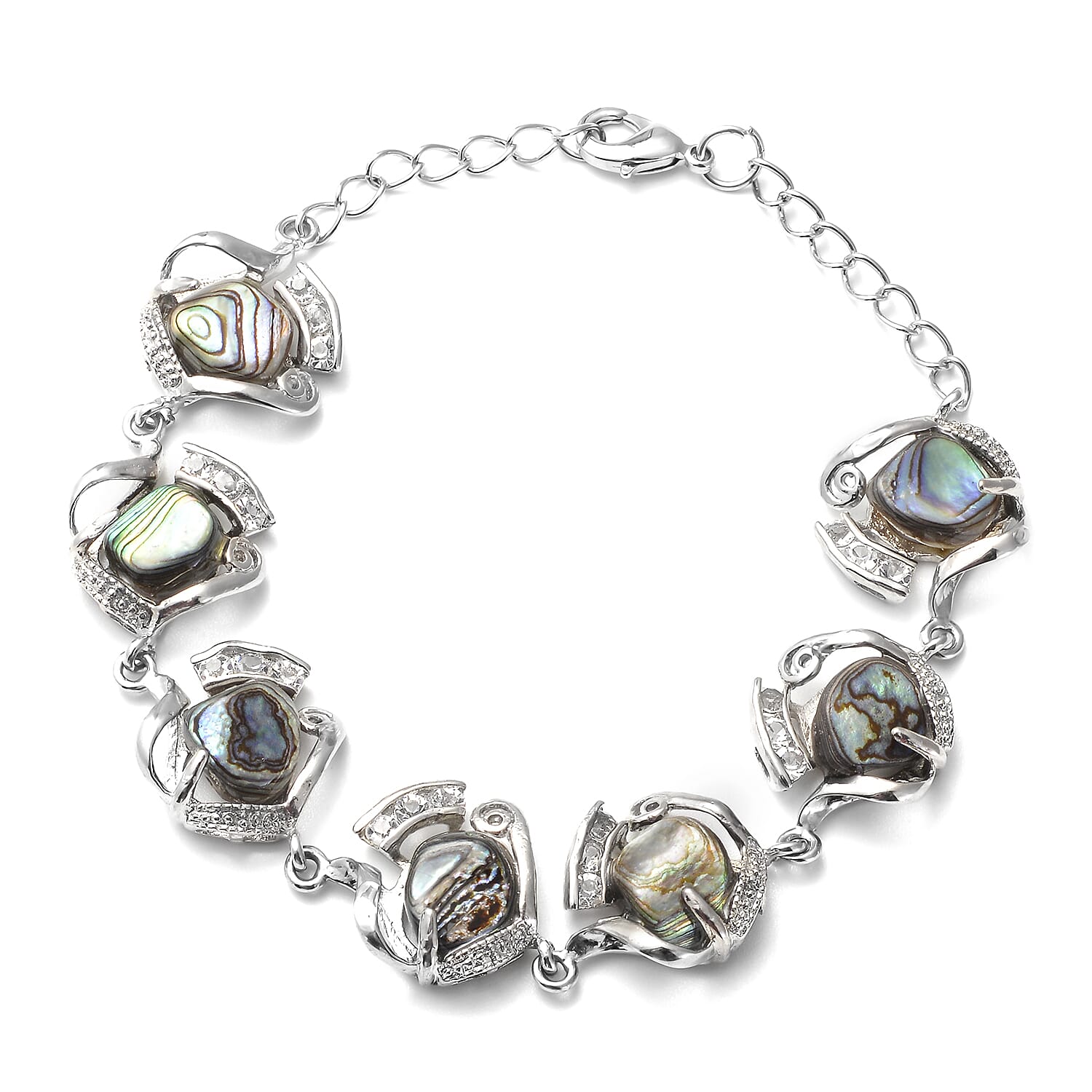 Abalone Shell and White Austrian Crystal Bracelet (Size - 8 With 1 inch Extender) in Silver Tone