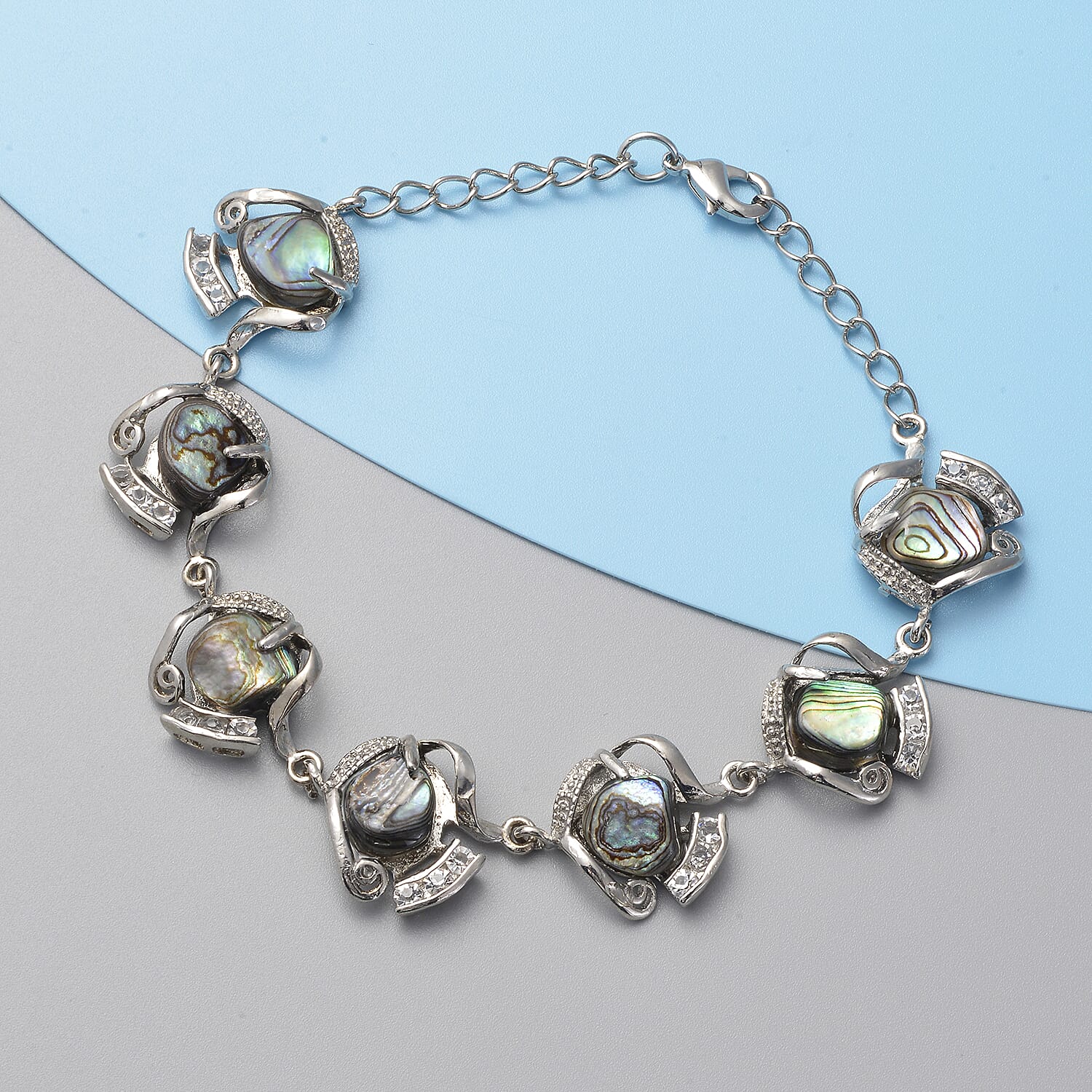 Abalone Shell and White Austrian Crystal Bracelet (Size - 8 With 1 inch Extender) in Silver Tone
