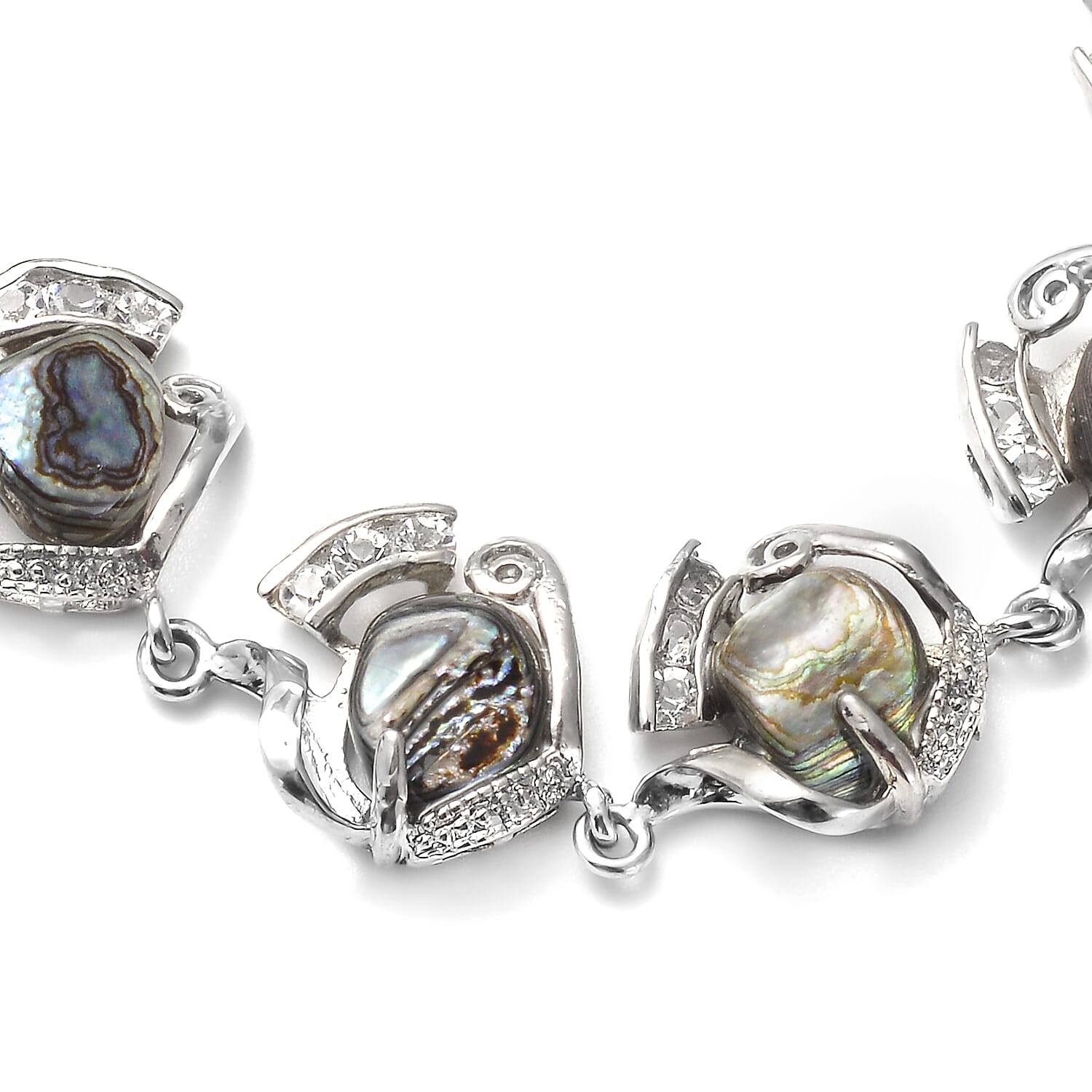 Abalone Shell and White Austrian Crystal Bracelet (Size - 8 With 1 inch Extender) in Silver Tone