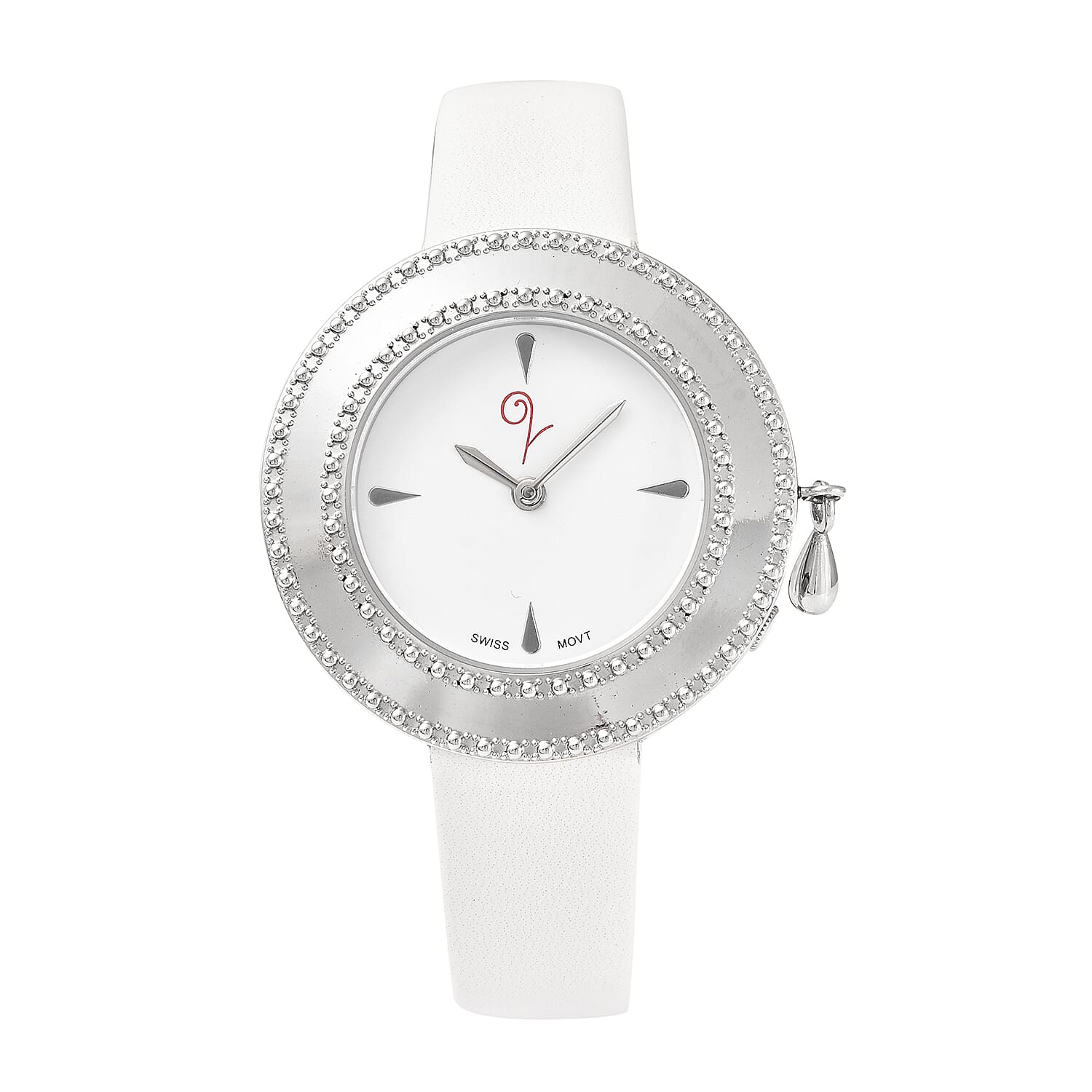 Lucy Q Swiss Movement 5 ATM Water Resistent Watch with Charm with White Strap in Stainless Steel